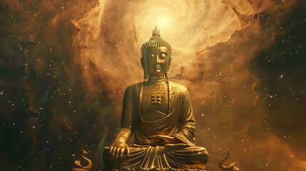 Wall Mural - A golden Buddha statue sits in a meditative pose in front of a swirling, golden nebula with stars.