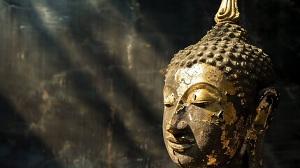 Wall Mural - Close-up of the face of a weathered golden Buddha statue.