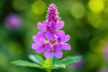 close-up of a vibrant purple flower with delicate petals on a soft green background in summer