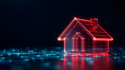 Fototapete - A glowing, digital representation of a house with a modern design, set against a dark background, highlighting its futuristic concept