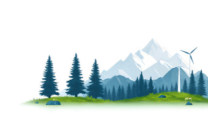 Poster - A serene landscape featuring mountains, pine trees, and wind turbines, highlighting the beauty of nature and sustainable energy