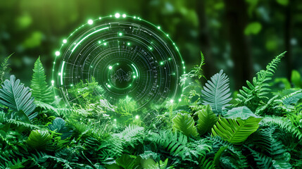 Poster - A lush green forest scene featuring ferns and glowing circular patterns, evoking a sense of magic and nature