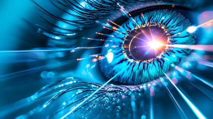Poster - A close-up of an eye with vibrant blue hues and light effects, emphasizing depth and detail in a surreal, artistic manner