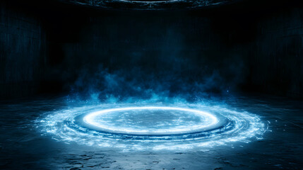 Poster - A glowing blue circle surrounded by mist in a dark environment, suggesting a portal or energy source, evoking a sense of mystery and intrigue