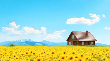 Aufkleber - A serene landscape featuring a wooden house surrounded by vibrant sunflowers under a clear blue sky and distant mountains