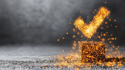 Poster - A glowing golden check mark appears above a shimmering box, symbolizing approval and positivity against a soft-focus background