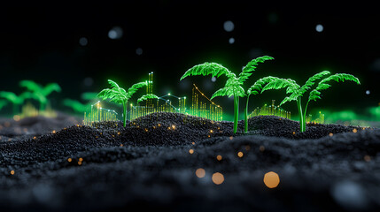 Poster - A surreal depiction of glowing green palm trees sprouting from a dark, textured surface, creating an enchanting and modern landscape
