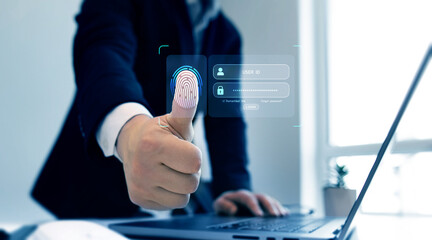 Poster - Fingerprint scanning allows access security and identification big data.Cyber ​​security technology on Internet. Biometric authentication of personal account. Biometric secure personal data access