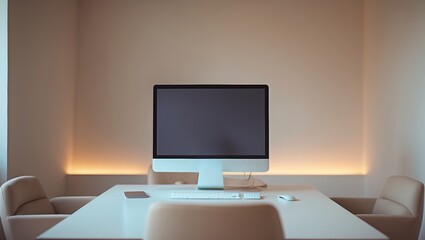 Poster - Modern workspace featuring a sleek computer and minimalist design in a bright room during daylight hours
