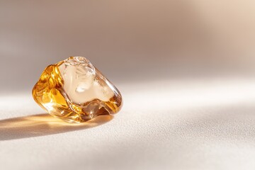 Poster - A smooth, golden amber stone reflects warm hues as it rests on a neutral-toned surface. Soft natural light enhances its polished finish, creating an organic and refined atmosphere
