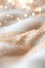 Poster - A delicate dusting of golden luminescence forms pixie dust along a soft surface, blending into a misty white backdrop adorned with tiny, glowing stars