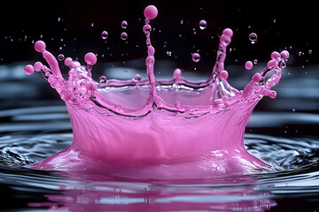 Poster - pink liquid creates a stunning crown-shaped splash upon impact with a dark surface, sending ripples 