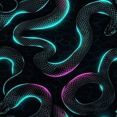 Poster - Snakeskin Neon Glowing Seamless Pattern Dark Background Design