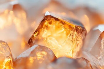 Poster - Mystical interior structures of amber radiate soft light, showcasing bioluminescent designs akin to remote galaxies. A blurred, warm backdrop enhances the gemstone's ethereal quality
