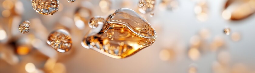 Poster - Droplets of molten amber float gracefully, each one capturing and reflecting soft light. The blurred beige and gold background enhances the luxurious feel, creating an elegant visual