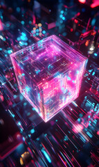 Poster - Futuristic glowing cube in a modern complex technological, conceptual and visually appealing