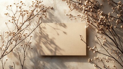 Poster - A minimalist composition featuring a blank card surrounded by delicate dried flowers against a textured background.