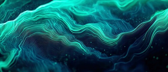 Poster - Vibrant Neon Gradient Waves, Abstract flowing gradient with grainy texture, rich neon colors of Emerald Green, Aqua, Teal, Mint on deep black, modern minimalist aesthetic with soft diffusion