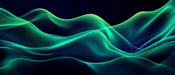 Poster - Vibrant Neon Gradient Flow, Abstract texture with smooth transitions from green hues to deep black, featuring a soft glow and gentle waves for a modern minimalist aesthetic