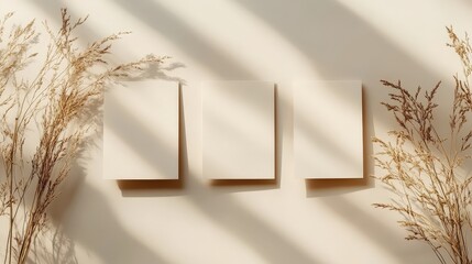Poster - A serene composition featuring three blank cards against a soft background, framed by dried plants and gentle shadows.