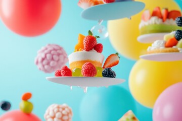 Aufkleber - Whimsical Culinary Art Floating Dessert Spheres in Vibrant Surrealist Food - Innovative Gastronomy and Creative Styling for Digital Content Creators