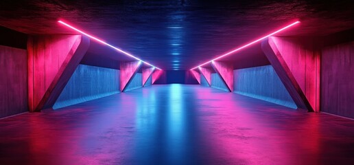 Poster - Futuristic Underground Hallway Neon Lights Cyberpunk Cement Concrete Tunnel Industrial Space Design