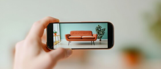 Aufkleber - Immersive AR Home Design Mid-Century Modern Sofa Visualization Through Smartphone - Interactive Digital Interior Planning for Millennial Lifestyle Transformation
