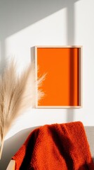 Poster - Minimalist Urban Living Vibrant Orange Textural Decor with Pampas Grass - Contemporary Micro-Apartment Design Inspiring Cozy Creativity and Conscious Living