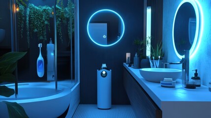 Poster - A futuristic bathroom where a voice assistant guides a person through the perfect brushing routine
