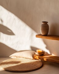 Poster - Minimalist Zen Sanctuary Soft Natural Light, Earthy Meditation Space with Woven Textures and Warm Ceramic Accents - Mindful Interior Design for Holistic Wellness Retreat