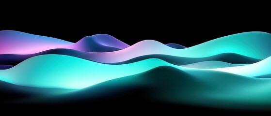 Poster - Neon Wave Gradient on Black, abstract flowing gradient with grainy texture, vibrant colors of aquamarine, electric mint, and Caribbean blue, soft diffusion and minimalist design