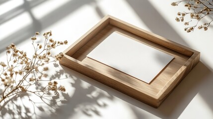 Poster - A minimalist wooden frame with a blank card, surrounded by delicate dried flowers, illuminated by soft sunlight.