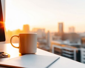 Aufkleber - Minimalist Remote Work Sanctuary Golden Hour Productivity with Sleek Laptop and Urban Skyline - Inspiring Digital Nomad Workspace Design for Modern Professionals