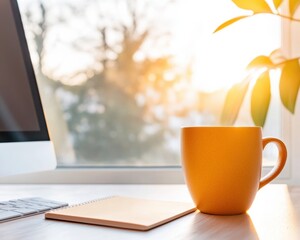 Poster - Minimalist Remote Work Sanctuary Golden Sunrise Productivity Setup with Warm Ceramic Mug and Natural Light - Inspiring Digital Nomad Workspace Design
