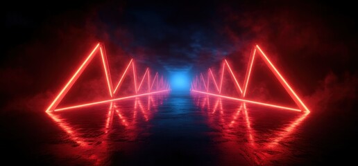 Aufkleber - Neon Cyberpunk Futuristic Hallway with Glowing Red Lights and Reflective Floor in Dark Atmosphere