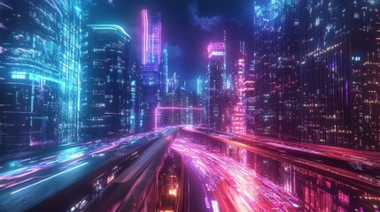 Poster - A futuristic cityscape where sleek, holographic street lights hover above neon-lit roads