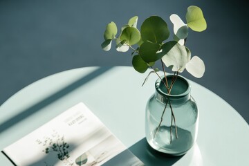 Poster - Serene Biophilic Design Minimalist Glass Vase with Eucalyptus Leaves - Wellness-Inspired Interior Styling for Modern Mindful Living Spaces