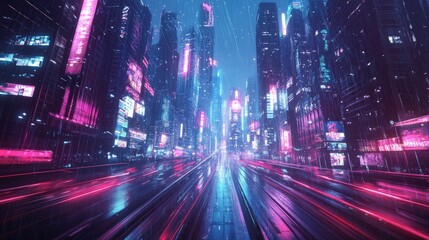 Poster - A futuristic cityscape where sleek, holographic street lights hover above neon-lit roads