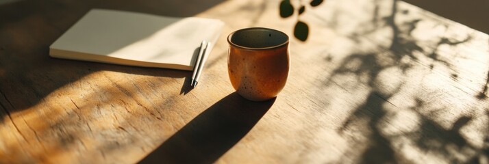 Fototapete - Minimalist Remote Work Sanctuary Sunlit Wooden Desk with Ceramic Mug and Sleek Laptop - Empowering Digital Nomad Productivity and Mindful Creative Workspace