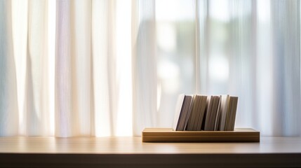 Aufkleber - Minimalist Nordic Wood Book Stand Serene Modern Home Office Design with Soft Natural Light, Elegant Work-from-Home Productivity Solution