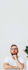 Fototapete - Minimalist Remote Work Aesthetic Gen Z Professional in Thoughtful Pose, Inspiring Digital Nomad Productivity and Creative Problem-Solving Strategies