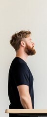 Poster - Minimalist Remote Work Portrait Trendsetting Millennial Professional in Side Profile with Modern Workspace Aesthetic - Authentic Digital Nomad Lifestyle Visualization