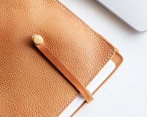 Poster - Minimalist Leather Productivity Companion Elegant Tan Professional Notebook with Sleek Closure - Modern Workspace Design for Creative Entrepreneurs and Remote Work Lifestyles