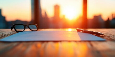 Fototapete - Hybrid Workspace Transformation Golden Hour Productivity Scene with Minimalist Desk, Urban Skyline and Modern Professional Workflow Inspiration