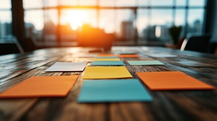 Fototapete - Modern Financial Strategy Sunset-Lit Workspace with Colorful Strategic Planning Sticky Notes - Dynamic Workflow Optimization for Agile Business Intelligence