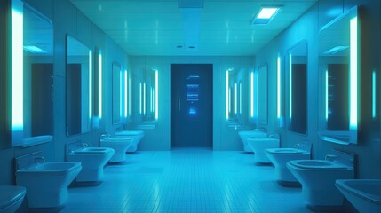 Poster - A futuristic men's restroom featuring holographic mirrors, AI-driven cleanliness monitoring, and automatic sanitation systems