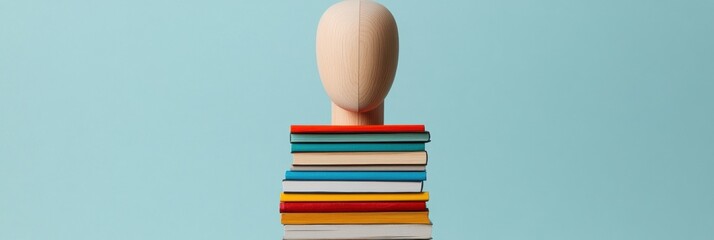 Poster - Minimalist Creative Concept Wooden Mannequin Balancing on Vibrant Book Stack - Inspiring Design, Learning, and Artistic Visualization for Modern Workspace