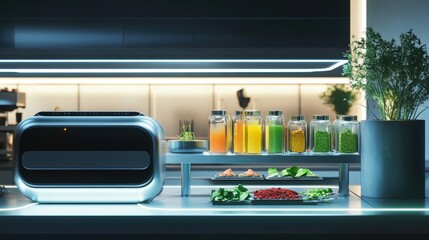 Poster - A futuristic snack station featuring AI-designed protein bites infused with superfoods like spirulina and goji berries