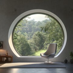 Poster - Minimalist Loft Living Room with Circular Window Natural Light and Green Landscape View