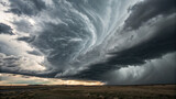 A dramatic supercell thunderstorm rolls over a rural field, filled with dark, ominous clouds and heavy rain.